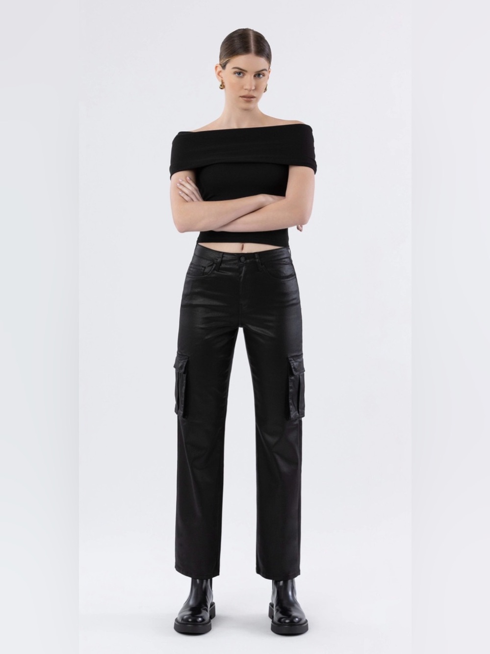 Coated Denim Black Cargo Pants